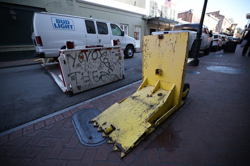 Vehicle impact barriers are seen on Bourbon Street on January 3, 2025 in New Orleans