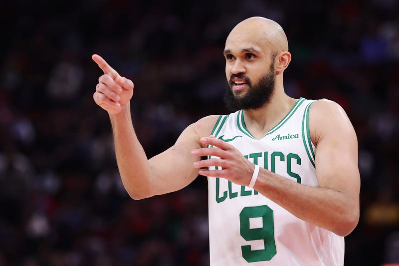 Derrick White #9 of the Boston Celtics gestures down court against the Houston Rockets during the second half at Toyota Center on January 03, 2025 in Houston, Texas.