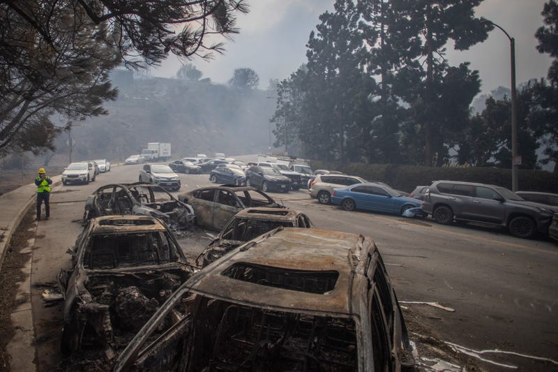 Burned vehicles are left behind on Sunset Boulevard after their occupants became stuck in traffic while evacuating from the Palisades Fire amid a powerful windstorm on January 8, 2025 in the Pacific Palisades neighborhood of Los Angeles, California. Fueled by intense Santa Ana Winds, the Palisades Fire has grown to over 15,000 acres and 30,000 people have been ordered to evacuate while a second major fire continues to burn near Eaton Canyon in Altadena.