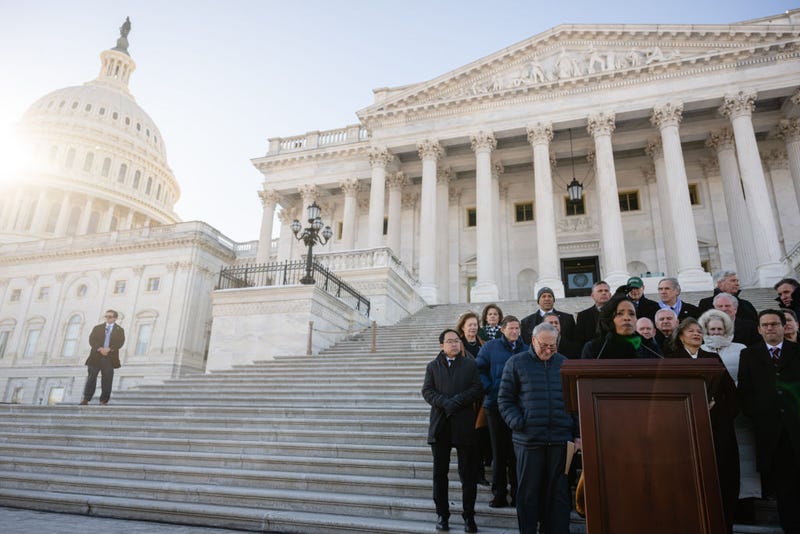 A press conference at the Senate steps with a caucus of Democratic Senators at the U.S. Capitol Building on January 9, 2025 in Washington, DC. New Democratic Senators of the 119th Congress spoke briefly before returning to the Senate chamber to vote on the Laken Riley Act.