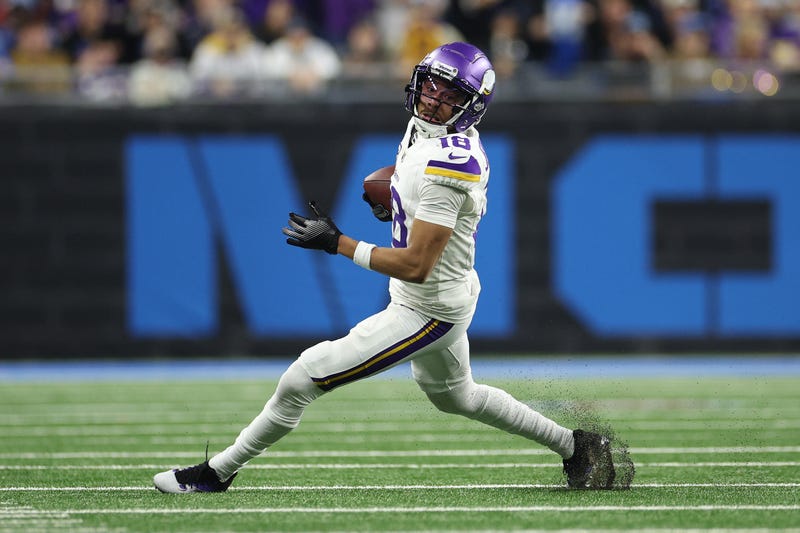 Justin Jefferson #18 of the Minnesota Vikings runs the ball after a catch during the third quarter against the Detroit Lions at Ford Field on January 05, 2025 in Detroit, Michigan.