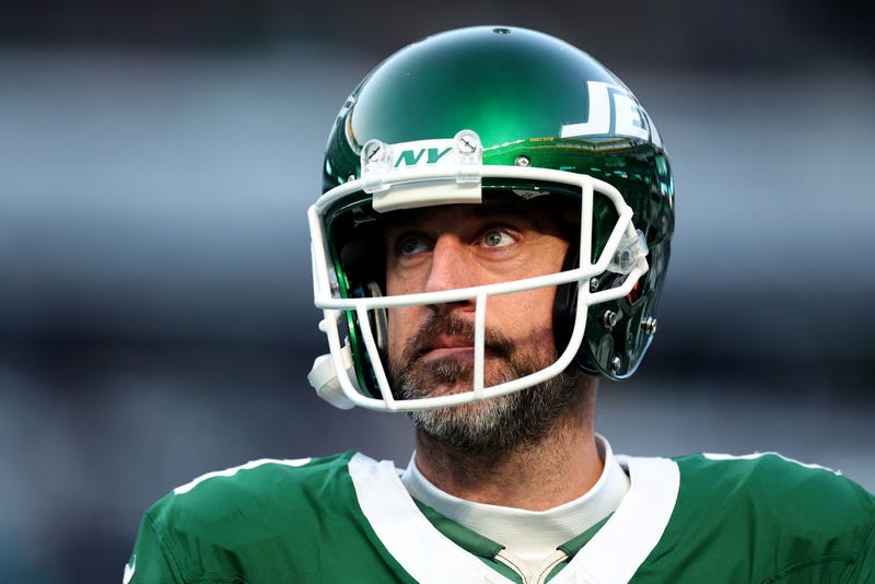 Aaron Rodgers #8 of the New York Jets looks on before the game against the Miami Dolphins at MetLife Stadium on Jan. 5, 2025 in East Rutherford, New Jersey.