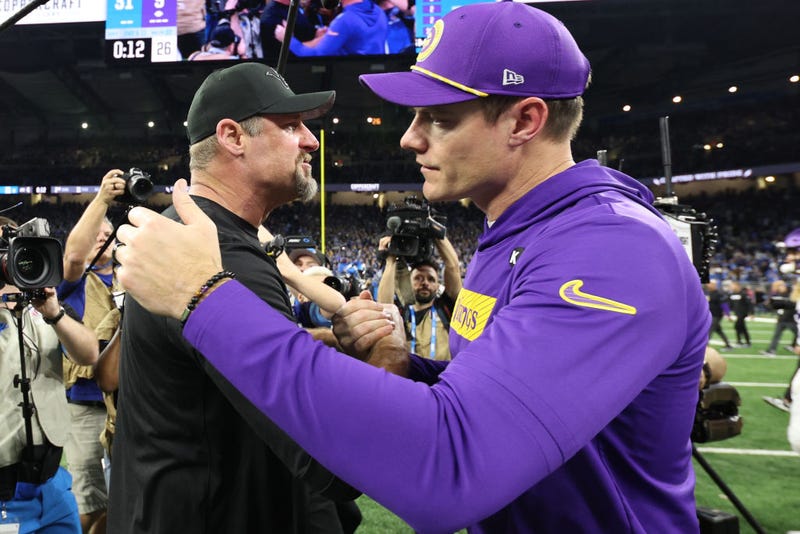 Head coach Dan Campbell of the Detroit Lions and Head coach Kevin O’Connell of the Minnesota Vikings embrace after the game at Ford Field on January 05, 2025 in Detroit, Michigan.