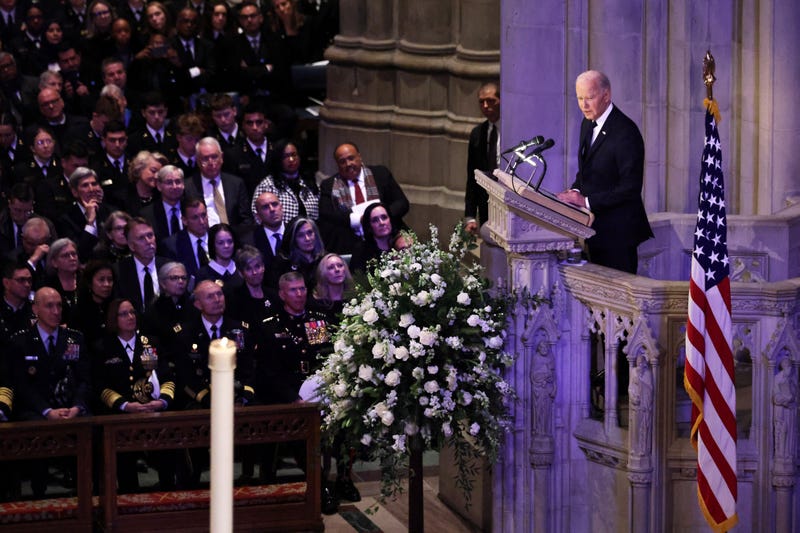 U.S. President Joe Biden delivers the eulogy during the state funeral for former U.S. President Jimmy Carter at Washington National Cathedral on Jan. 09, 2025 in Washington, DC. 