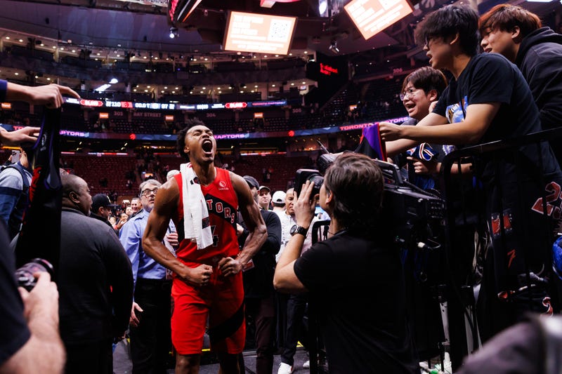  Scottie Barnes #4 of the Toronto Raptors celebrates as he leaves the court after their NBA game against the Boston Celtics at Scotiabank Arena on January 15, 2025 in Toronto, Canada.