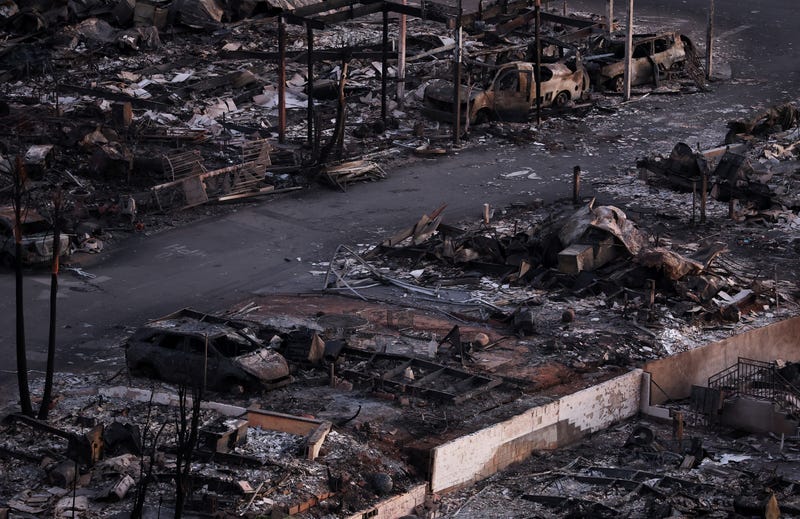 A mobile home park destroyed in the Palisades Fire is shown on January 12, 2025 in Pacific Palisades, California.