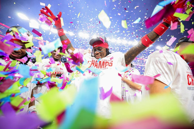 Jaylen McClain #18 of the Ohio State Buckeyes celebrates after beating the Texas Longhorns 28-14 to win the Goodyear Cotton Bowl at AT&T Stadium on January 10, 2025 in Arlington, Texas.