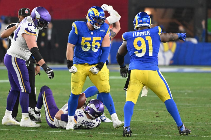 Viking QB Sam Darnold, where he spent most of Monday night during the playoff game against the LA Rams: on his back.