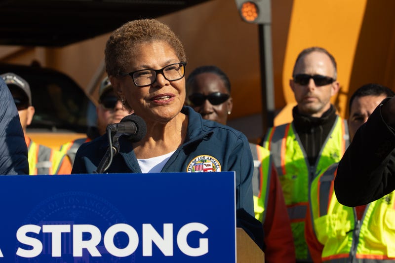 Los Angeles Mayor Karen Bass speaks to journalists in a press conference to announce Steve Soboroff to lead L.A.'s wildfire rebuilding and recovery efforts on January 17, 2025 in Los Angeles, California.