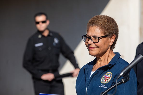 Los Angeles Mayor Karen Bass speaks to journalists in a press conference to announce Steve Soboroff to lead L.A.'s wildfire rebuilding and recovery efforts on January 17, 2025 in Los Angeles, California.