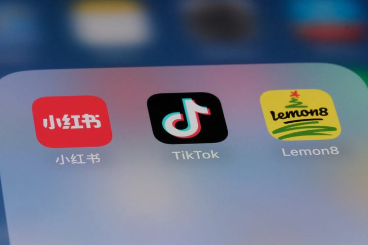 Xiaohongshu (RedNote), TikTok and Lemon8 app icons. Assorted social media mobile applications