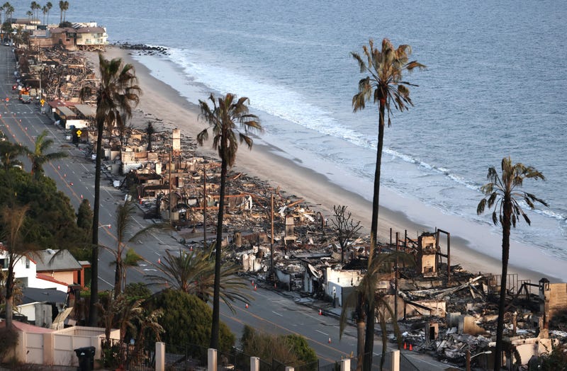 A view of beachside homes destroyed in the Palisades Fire along Pacific Coast Highway on January 16, 2025 in Malibu,