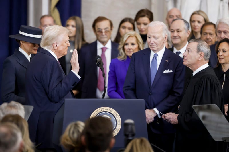  US Supreme Court Chief Justice John Roberts (2-R) administers the presidential oath to Donald Trump (2-L) as First Lady Melanie Trump (L), former US President Joe Biden (3-R) and former US Vice President Kamala Harris (R) look on in the rotunda of the United States Capitol in Washington, DC, USA, 20 January 2025. Trump, who defeated Kamala Harris, is being sworn in today as the 47th president of the United States, though the planned outdoor ceremonies and events have been canceled due to a forecast of extreme cold temperatures.