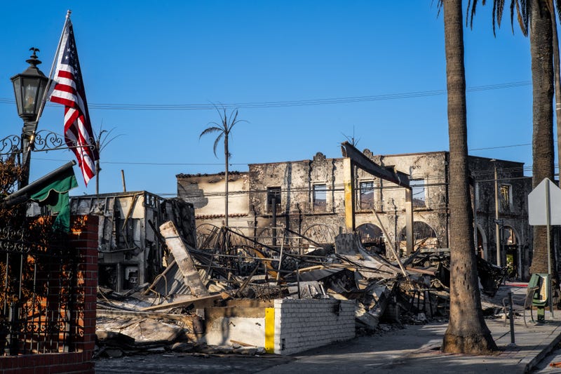 Businesses destroyed by the Palisades fire are seen in the Pacific Palisades neighborhood on January 17, 2025 in Los Angeles, California.