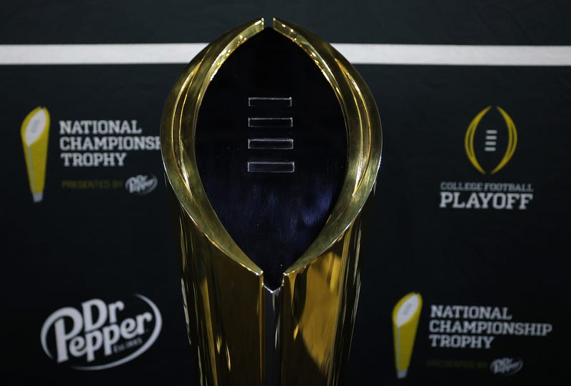 ATLANTA, GEORGIA - JANUARY 18: A detailed view of the CFP National Championship Trophy during media day at the Georgia World Congress Center prior to the 2025 CFP National Championship between the Ohio State Buckeyes and Notre Dame Fighting Irish on January 18, 2025 in Atlanta, Georgia. (Photo by Kevin C. Cox/Getty Images)