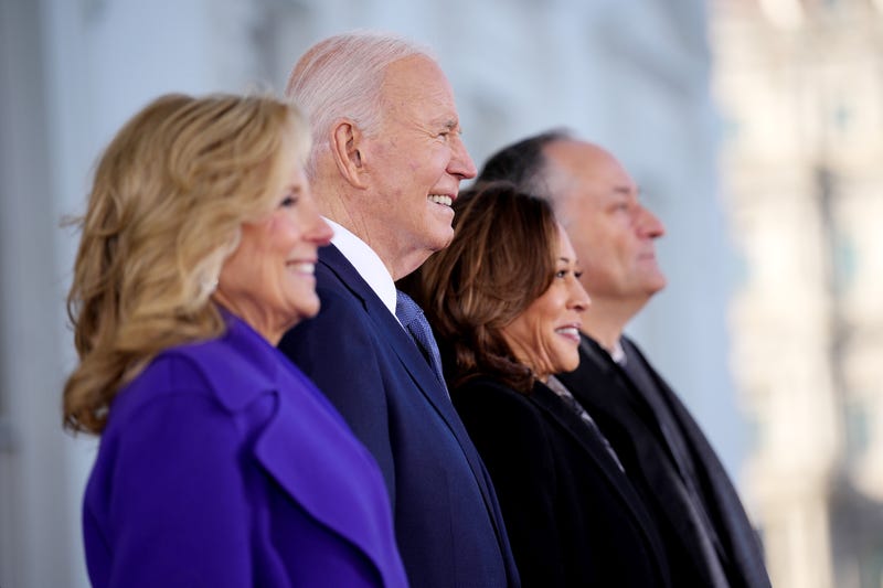 First lady Jill Biden, U.S. President Joe Biden, U.S. Vice President Kamala Harris and second gentleman Doug Emhoff wait for the arrival of U.S. President-elect Donald Trump for Inauguration ceremonies at the White House