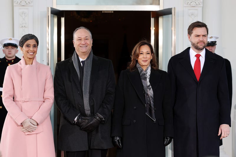 Usha Vance, second gentleman Doug Emhoff, U.S. Vice President Kamala Harris, and U.S. Vice President-elect former Sen. J.D. Vance (R-OH) stand together at the White House ahead of the inauguration of U.S. President-elect Donald Trump on January 20, 2025 in Washington, DC. Donald Trump takes office for his second term as the 47th president of the United States.