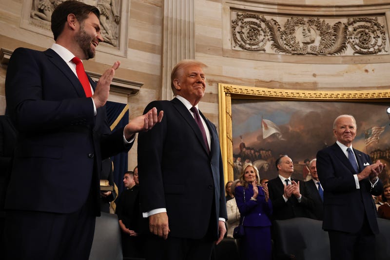 : U.S. Vice President-elect former Sen. J.D. Vance (R-OH) and U.S. President-elect Donald Trump arrive to inauguration ceremonies in the Rotunda of the U.S. Capitol on January 20, 2025 in Washington, DC. Donald Trump takes office for his second term as the 47th president of the United States. (Photo by Chip Somodevilla/Getty Images)