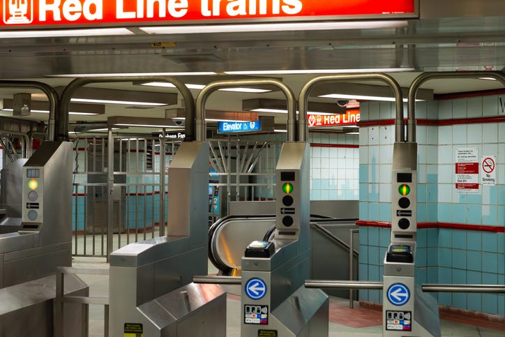 Chicago, Illinois - United States - January 13th, 2025: Entrance to the platform at Lake Red Line Station in downtown Chicago, Illinois, USA.