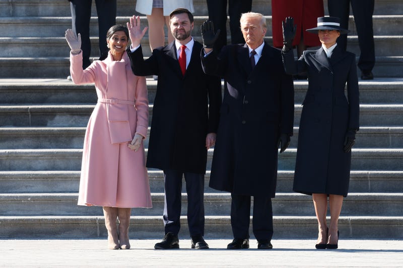 Second lady Usha Vance, U.S. Vice President J.D. Vance, U.S. President Donald Trump and first lady Melania Trump wave as former U.S. President Joe Biden and former U.S. Vice President Kamala Harris depart the U.S. Capitol on January 20, 2025 in Washington, DC. Donald Trump takes office for his second term as the 47th president of the United States. (Photo by Joe Raedle/Getty Images)