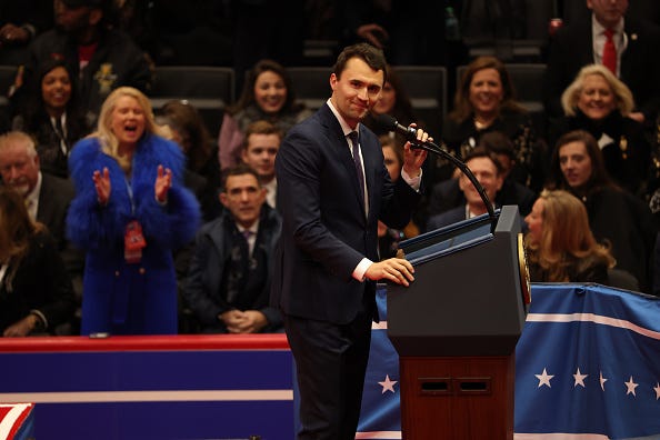 Co-founder Turning Point USA Charlie Kirk speaks following the inauguration of U.S. President Donald Trump during an event at Capital One Arena on January 20, 2025 in Washington, DC. Donald Trump takes office for his second term as the 47th president of the United States. (Photo by Justin Sullivan/Getty Images)
