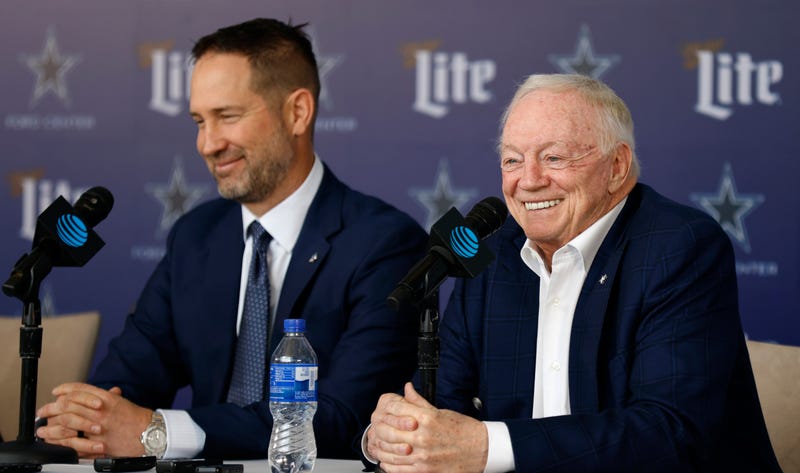 New head coach of the Dallas Cowboys Brian Schottenheimer listens as team owner Jerry Jones talks during a press conference at The Star in Frisco on Jan. 27, 2025, in Frisco, Texas.