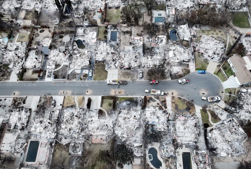 An aerial view of homes which burned in the Eaton Fire on January 25, 2025 in Altadena, California. 