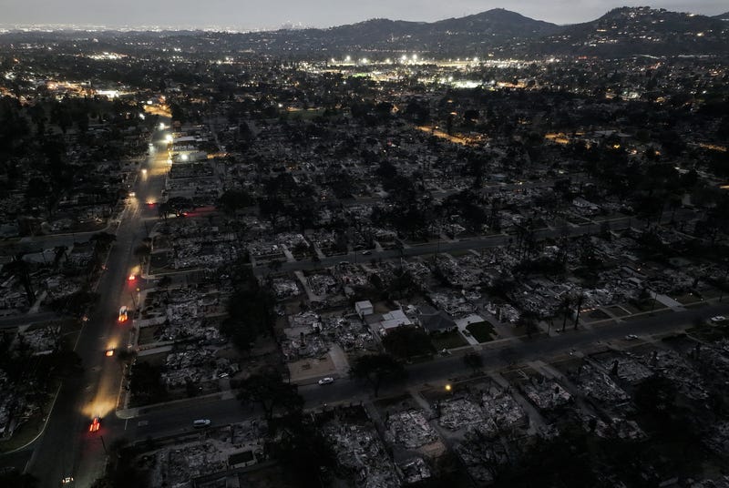 ALTADENA, CALIFORNIA - JANUARY 25: An aerial view of homes which burned in the Eaton Fire amid an ongoing electricity outage in the area on January 25, 2025 in Altadena, California. Southern California is facing the first significant rainfall of this winter and areas which recently burned in wildfires face a small risk of mudslides or flash flooding. Multiple wildfires fueled by intense Santa Ana Winds burned across Los Angeles County leaving at least 28 dead with over 180,000 people having been under evacuation orders. Over 12,000 structures, many of them homes and businesses, burned in the Palisades and Eaton Fires. President Donald Trump surveyed wildfire damage yesterday and pledged to 'open the coffers' for federal aid to California.
