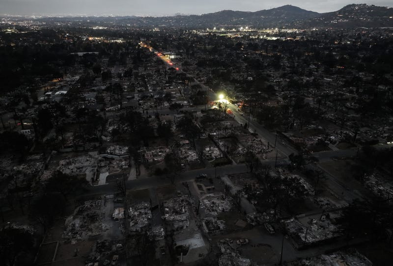 An aerial view of homes which burned in the Eaton Fire amid an ongoing electricity outage in the area on January 25, 2025 in Altadena, California. 
