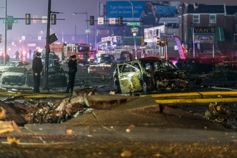 A view of the wreckage from a small plane that crashed in Northeast Philadelphia on Friday night.