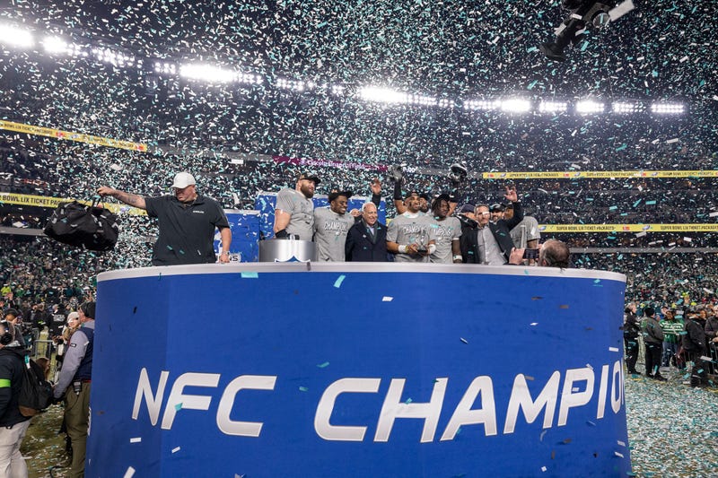 Philadelphia Eagles celebrate after winning the game against the Washington Commanders at Lincoln Financial Field on Jan. 26, 2025, in Philadelphia.