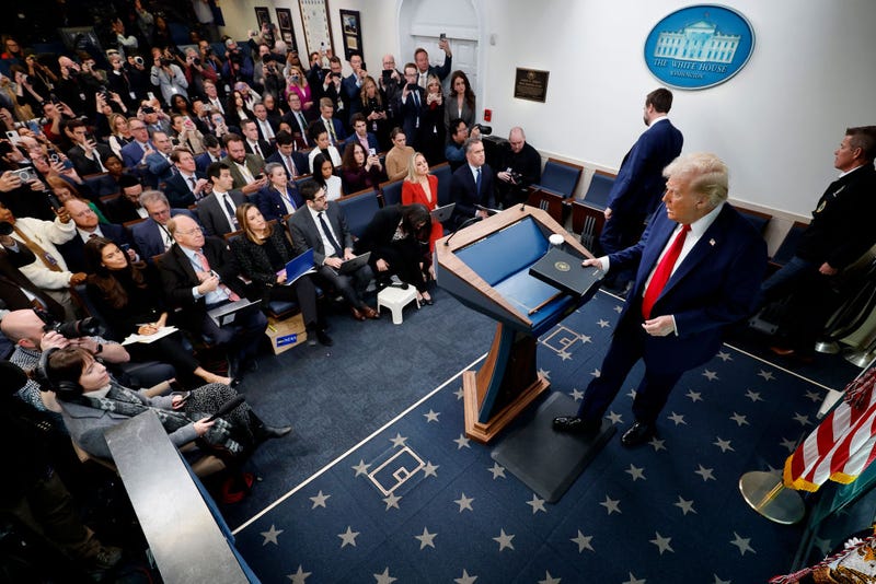 U.S. President Donald Trump arrives for a press conference about the collision of an American Airlines flight with a military helicopter near Ronald Reagan National Airport