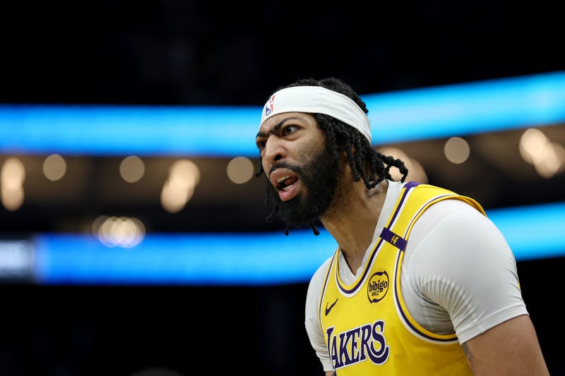 CHARLOTTE, NORTH CAROLINA - JANUARY 27: Anthony Davis #3 of the Los Angeles Lakers reacts during the second half of the game against the Charlotte Hornets at Spectrum Center on January 27, 2025 in Charlotte, North Carolina.