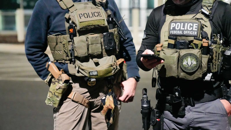 In this handout photo provided by U.S. Immigration and Customs Enforcement, two federal law enforcement officers coordinate with other officials on the ground.