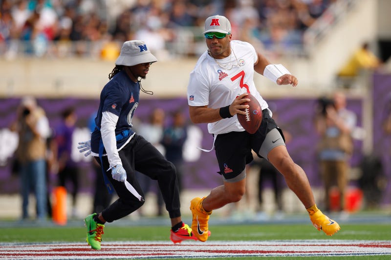 Russell Wilson #3 of the Pittsburgh Steelers is sacked by KaVontae Turpin #9 of the Dallas Cowboys during the second quarter in the NFL Pro Bowl Games at Camping World Stadium on February 02, 2025 in Orlando, Florida. 