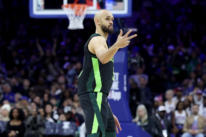 Derrick White #9 of the Boston Celtics celebrates a three-pointer during the second half against the Philadelphia 76ers at the Wells Fargo Center on February 02, 2025 in Philadelphia, Pennsylvania.