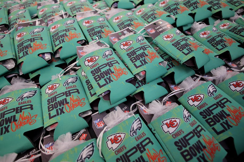 A detailed view of drink koozies seen during an event ahead of Super Bowl LIX at Caesars Superdome on Feb. 3, 2025, in New Orleans, Louisiana.