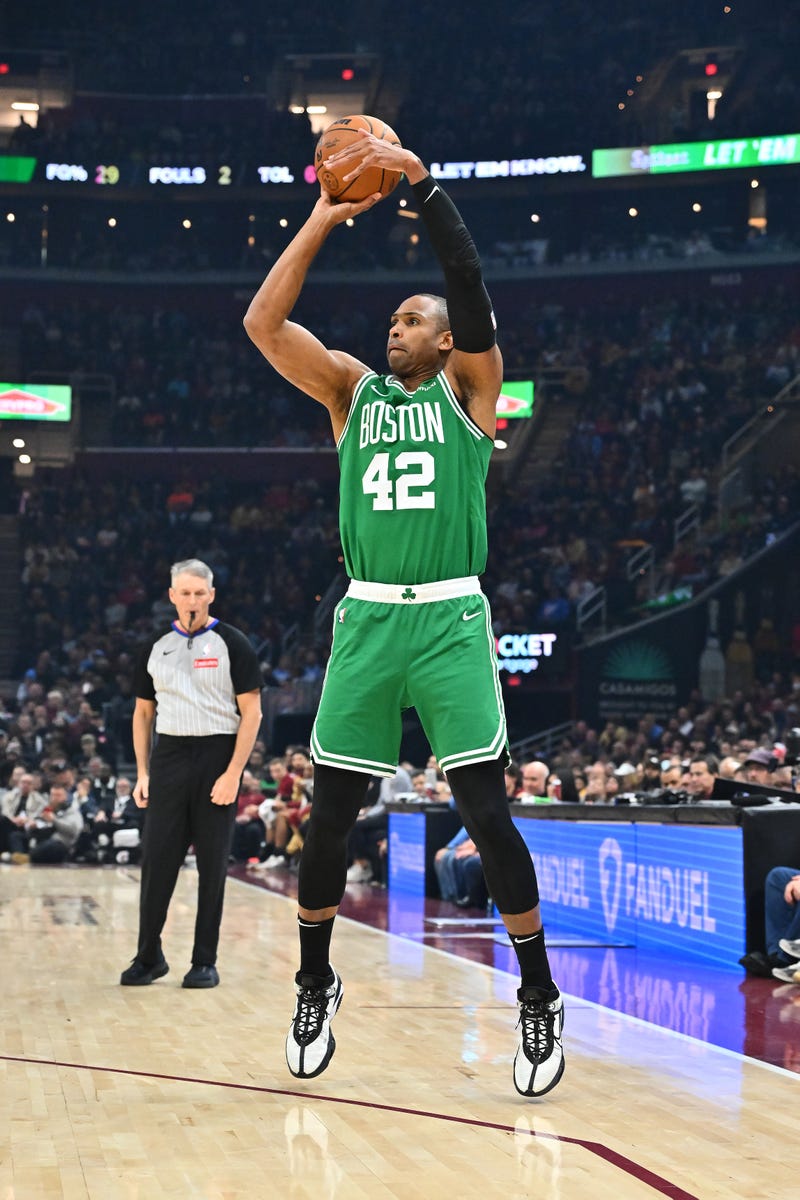 Al Horford #42 of the Boston Celtics shoots during the first quarter against the Cleveland Cavaliers at Rocket Mortgage Fieldhouse on February 04, 2025 in Cleveland, Ohio.