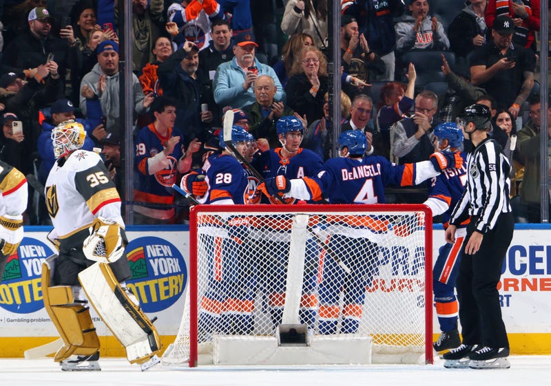 Brock Nelson #29 of the New York Islanders (c) celebrates his goal at 10:43 of the third period against the Vegas Golden Knights at UBS Arena on February 04, 2025 in Elmont, New York.