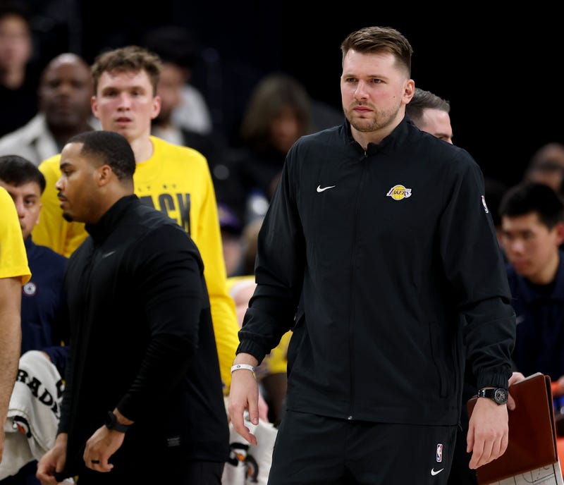 INGLEWOOD, CALIFORNIA - FEBRUARY 04: Luka Doncic #77 of the Los Angeles Lakers on the sidelines during a 122-97 Lakers win over the LA Clippers at Intuit Dome on February 04, 2025 in Inglewood, California. (Photo by Harry How/Getty Images)