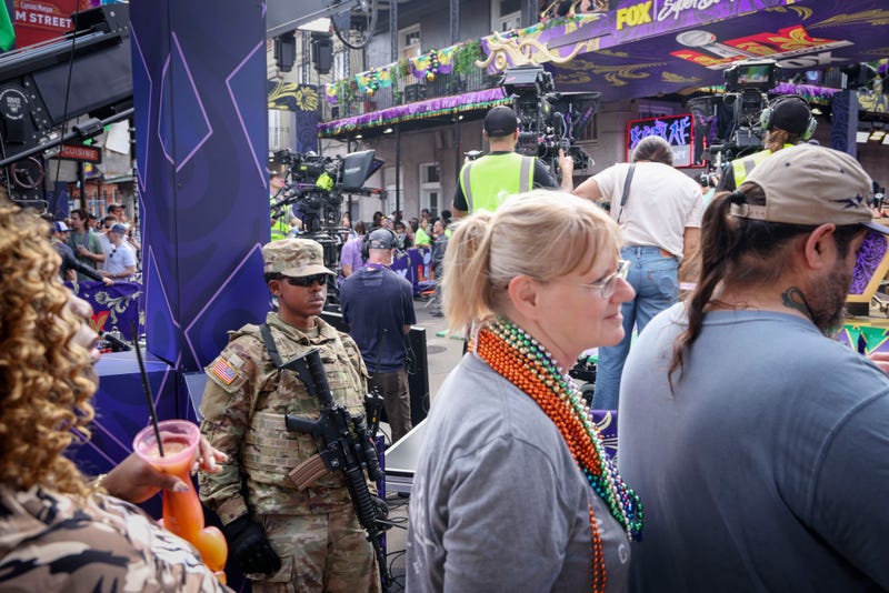 NEW ORLEANS, LOUISIANA - FEBRUARY 8: Members of the National Guard patrol in the French Quarter along Bourbon Street on February 8, 2025 in New Orleans, Louisiana. Security has increased around New Orleans as the National Guard and several other law enforcement agencies have been deployed ahead of Super Bowl LIX following a New Year’s Day terror attack on Bourbon Street that left 14 people dead.