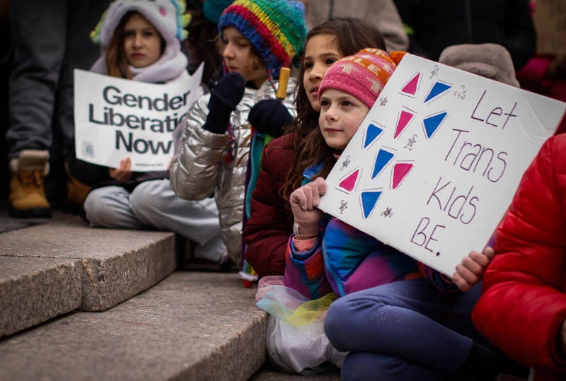 Protesters take part in a "Rise up for Trans Youth" demonstration at Union Square in New York on Feb. 8, 2025.