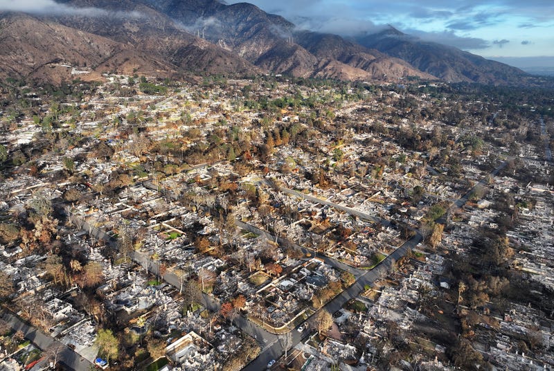 An aerial view of homes which burned in the Eaton Fire on February 05, 2025 in Altadena, California.