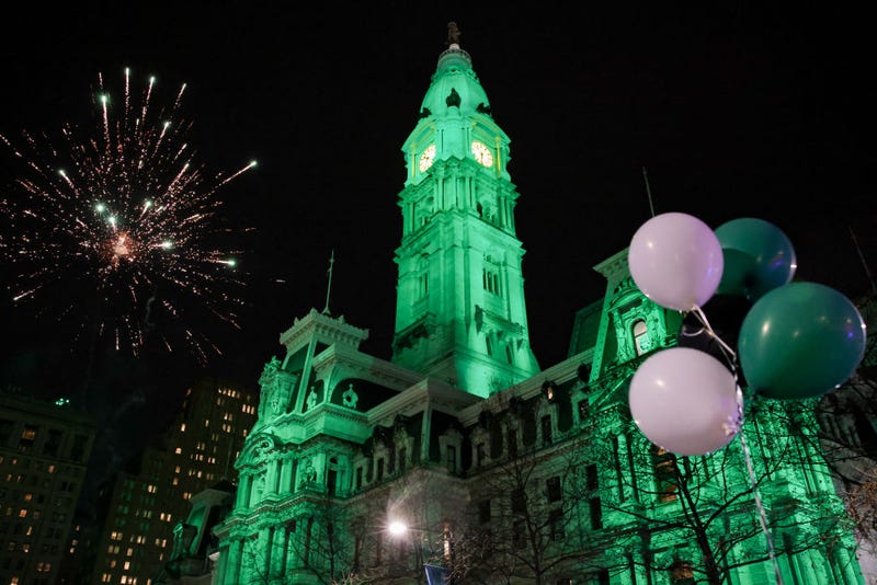 Fireworks go off near Philadelphia City Hall as Eagles fans celebrate the team's victory over the Kansas City Chiefs in Super Bowl LIX.
