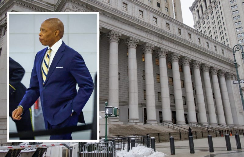 Mayor Eric Adams (C) arrives at the NYPD Guardians Association's Black History Month celebration on Feb. 18, 2025 (inset). The Thurgood Marshall U.S. Federal Courthouse in Manhattan, where Adams' case is playing out (main photo)