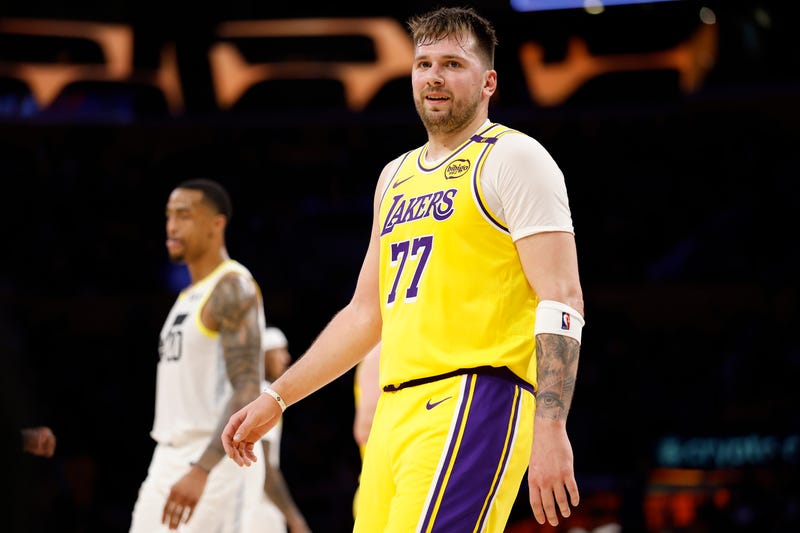 LOS ANGELES, CALIFORNIA - FEBRUARY 10: Luka Doncic #77 of the Los Angeles Lakers reacts after committing his third foul during the third quarter of a game against the Utah Jazz at Crypto.com Arena on February 10, 2025 in Los Angeles, California.