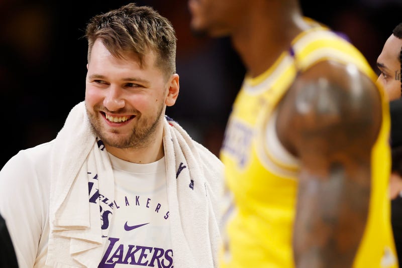 LOS ANGELES, CALIFORNIA - FEBRUARY 10: Luka Doncic #77 of the Los Angeles Lakers reacts after the Lakers beat the Utah Jazz 132-113 at Crypto.com Arena on February 10, 2025 in Los Angeles, California. NOTE TO USER: User expressly acknowledges and agrees that, by downloading and or using this photograph, User is consenting to the terms and conditions of the Getty Images License Agreement. (Photo by Ronald Martinez/Getty Images)