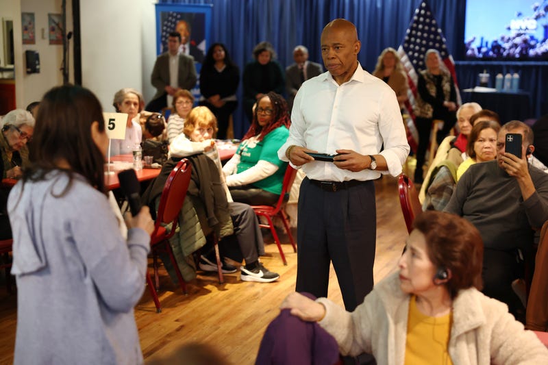 Mayor Eric Adams listens to a question during an Adult Town Hall at Sunnyside Community Services Older Adult Center on February 12, 2025