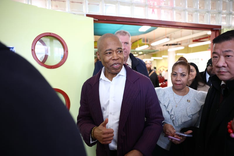 Mayor Eric Adams leaves after speaking at an Adult Town Hall at Sunnyside Community Services Older Adult Center on February 12, 2025
