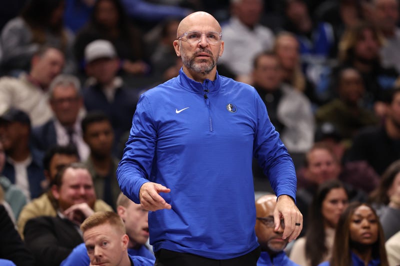 Head coach Jason Kidd of the Dallas Mavericks watches play during the first half against the Golden State Warriors at American Airlines Center on February 12, 2025, in Dallas, Texas.
